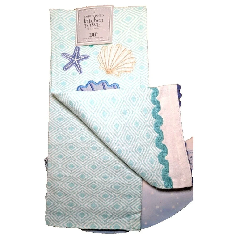 DII Seashells Kitchen Towel Embroidered Applique Rick Rack Trim Blue Beige Gift